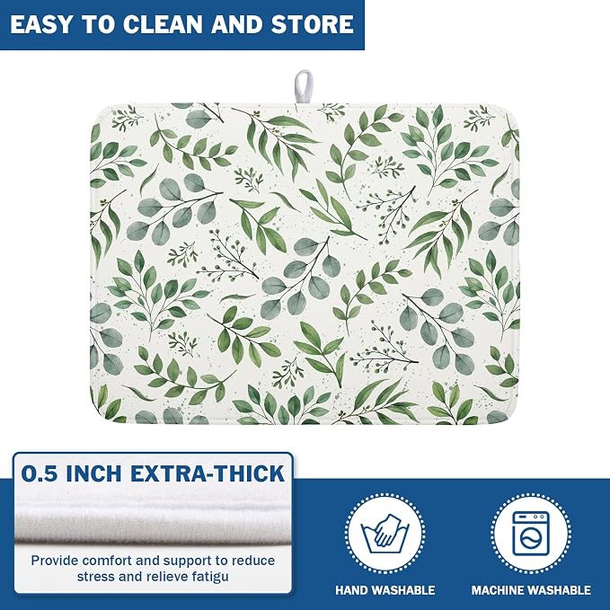 Kawani Sage Green Dish Drying Mat 18x24 In Absorbent Reversible Eucalyptus Leaves Plant Drying Mat Green Plant Dish Drying Rack Mat Spring Summer Themed Dish Drainer Mat for Kitchen Counter Coffee Bar