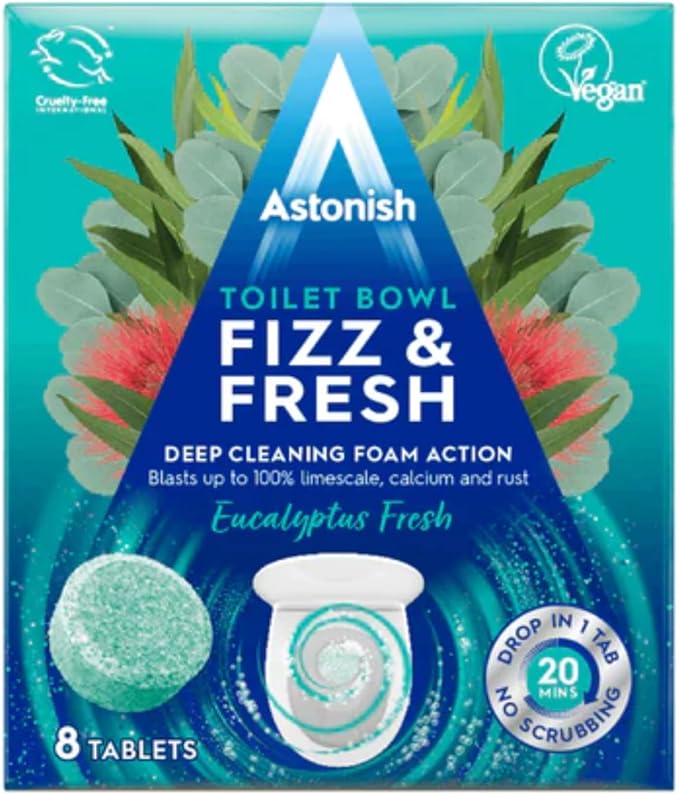 Astonish Foaming Eucalyptus Toilet Bowl Cleaner - Deep Cleaning Limescale, Calcium & Rust - No Bottle, Removes Hard Stains - Box of 8 Tablets