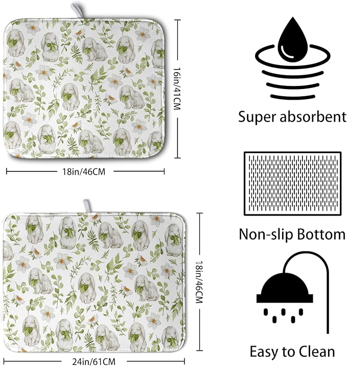 Easter Bunny Floral Drying Mat for Kitchen Counter Spring Easter Rabbits Green Leaves Dry Dish Mat Absorbent Microfiber Dish Draining Washable Dish Drainer Rack Mat 16x18 Inch