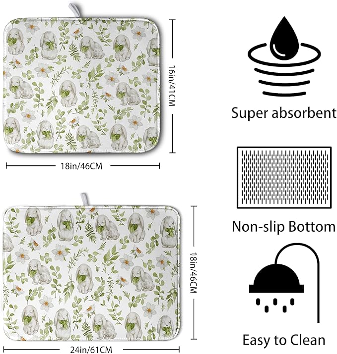 Easter Bunny Floral Drying Mat for Kitchen Counter Spring Easter Rabbits Green Leaves Dry Dish Mat Absorbent Microfiber Dish Draining Washable Dish Drainer Rack Mat Large 18x24 Inch