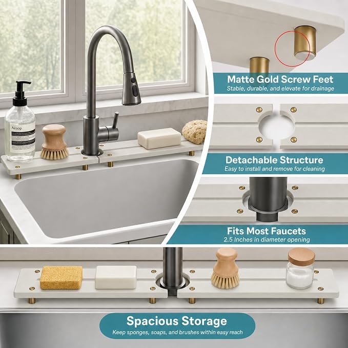 2PCS Stone Faucet Mat for Kitchen Sink, Water Absorbing Sink Tray Organizer for Bathroom Counter, Diatomite Soap Dish Coaster Caddy Riser, Sponge Holder Dispenser Mat, Gold Beige, 23.6" x 4", 1 Set