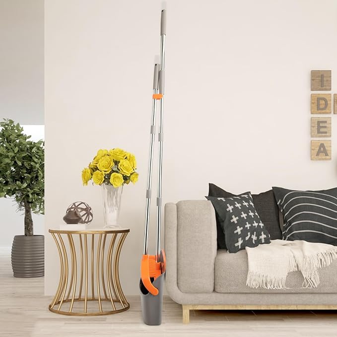 2-Pack Broom and Dustpan Combo Set, Long Handle, Gray Orange | Standing Dustpan, Heavy Dust,House Accessories for Home, Kitchen, Office, Pet Hair