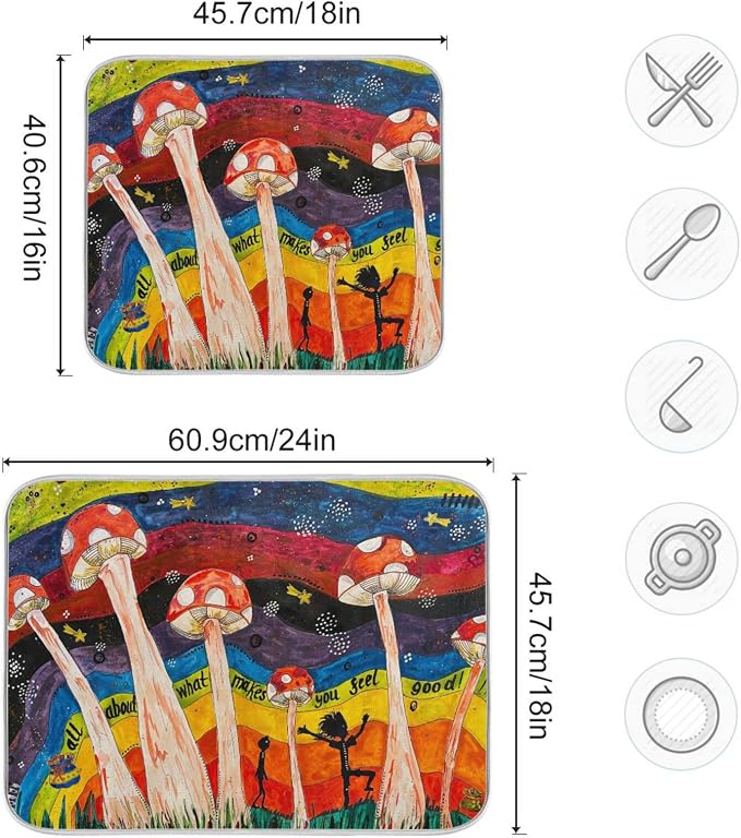Absorbent Dish Drying Mat for Kitchen Counter - Cute Little Mushroom Microfiber Drying Pad, Reversible Drainer Mats for Countertop, Small 16 x 18 inch