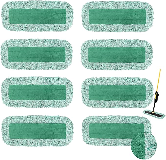 Dust Mop Pads for Rubbermaid Commercial Microfiber Dust Mop - 18 inch Mop Head Replacement with Fringe - Reusable Wet & Dry Cleaning Flat Mop System 18" 17" Refill for Multi-Surface Floor - 8 Pack