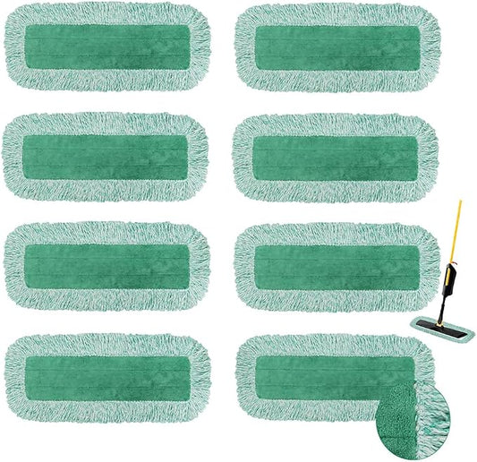 Dust Mop Pads for Rubbermaid Commercial Microfiber Dust Mop - 18 inch Mop Head Replacement with Fringe - Reusable Wet & Dry Cleaning Flat Mop System 18" 17" Refill for Multi-Surface Floor - 8 Pack