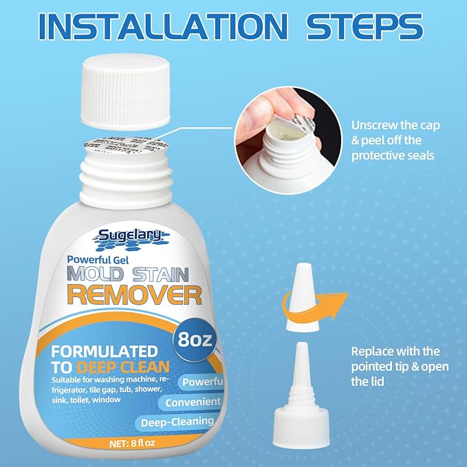 Sugelary Mold Stain Cleaner Gel, 8 Fl oz All-Purpose Gel for Home Use on Washing Machine Gasket, Bathroom Grout, Sink, Shower, Caulk, and Front Loader Seal