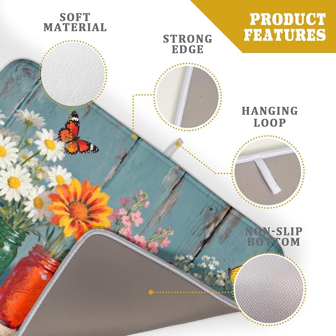 Dish Drying Mat for Kitchen Counter 18x24, Spring Summer Floral Decorative Absorbent Reversible Microfiber Kitchen Countertop Protector Dishes Drainer Pad