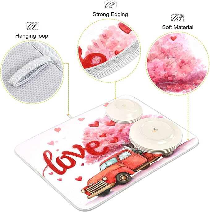 Valentine’s Day Love Tree Dish Drying Mat for Kitchen Countertop 18x24 Happy Valentines Day Gnomes White Large Drying Mat Reusable Quick Dry Dish Sink Mats Easy Clean Decorative Essentials