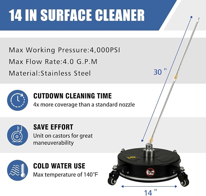 JANZ 14'' Black Pressure Washer Surface Cleaner | 4 Wheels, Stainless Steel Housing, 1/4" Quick Plug, 2 Extension Wands, 2 Replacement Nozzles and 3 Spray Nozzles,4000 PSI