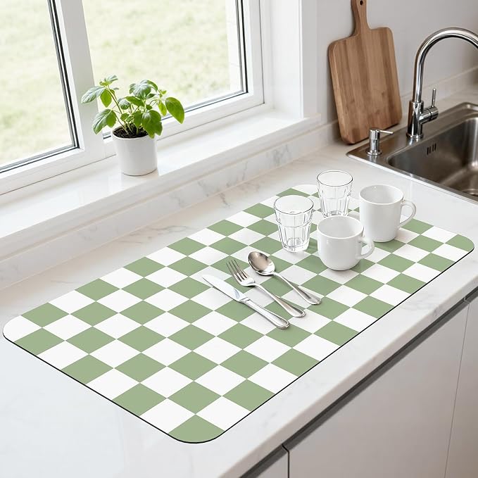 Checkered Dish Mat for Kitchen Coffee Station, 17" x 32" Sage | Quick Drying & Absorbent Mat for Coffee Bar Espresso Machine Countertops Accessories