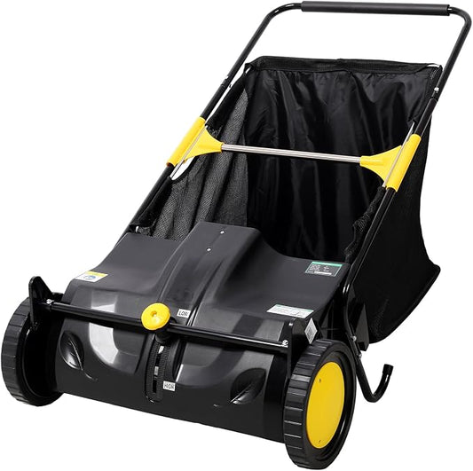 26 Inch Push Lawn Sweeper, Hand Powered Leaf & Grass Sweeper with 7 Cu Ft Hopper, 4 High-Speed Brushes, Height Adjustable, ABS & Steel Frame for Yard Lawn Cleanup (Black, 21 Inch)