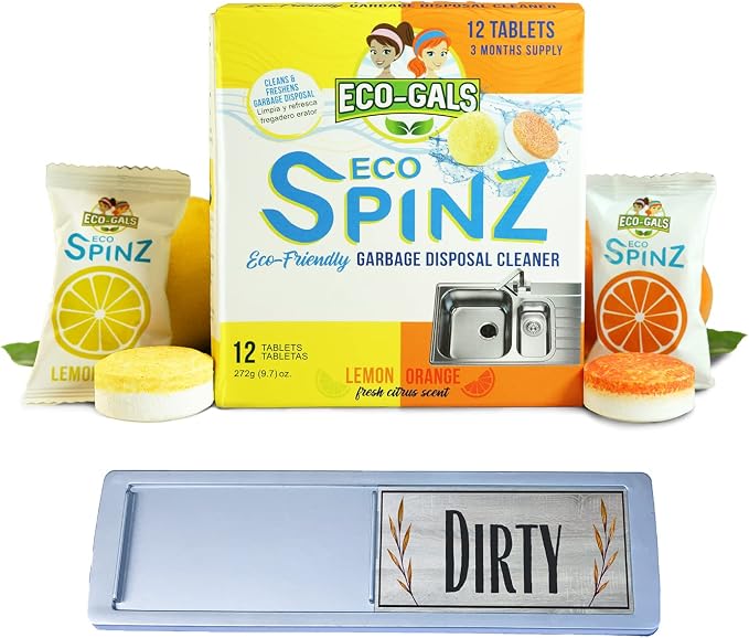 Bundle of Eco-Gals Eco Spinz Disposal Cleaner for Fresher Kitchen and Disposal Plus Eco-Gals' Dish Deputy Dishwasher Magnet to Help With Kitchen Organization