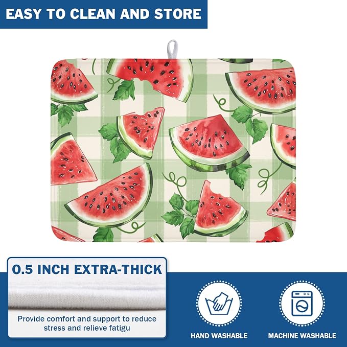 Summer Dish Drying Mat for Kitchen Counter Watercolor Watermelon Green Buffalo Plaid Microfiber Dish Drainer Mat Rustic Absorbent Washable Drying Pad Extra Large 18"x24"