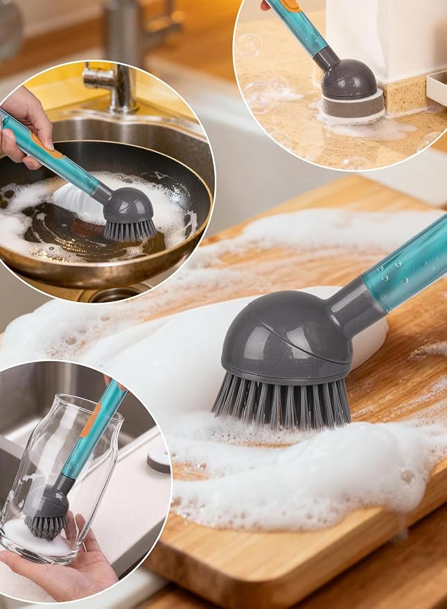 Soap Dispensing Dish Brush with Handle, 360° Rotating Head, 5-Piece Kitchen Cleaning Set (2 Brush Heads & 3 Sponges), Non-Scratch Scrubber for Pot, Pan, Sink, Leak-Proof Dishwand, Grey