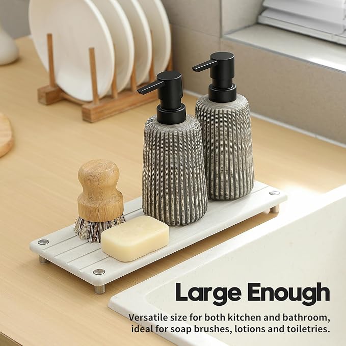 Razborci Instant Dry Sink Caddy Kitchen Sink Organizer, Quick Drying Stone Tray Diatomite Sponge Holder Soap Dish, Bathroom Countertop Fast Dry Water Absorbing Vanity Rack, Beige,12" x 5"