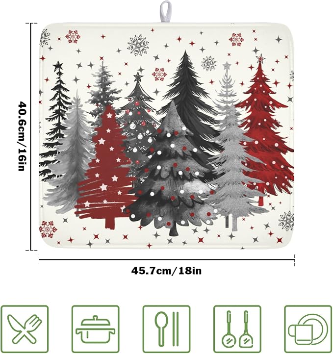 Christmas Gray Red Tree Dish Drying Mat 16x18 Inch Xmas Snowflake | Winter，Polyester，Absorbent Microfiber，for Kitchen Coffee Dining Bar Decor