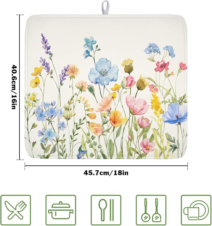 Botanical Floral Dish Drying Mat for Kitchen Counter 16x18 Inch | Wildflower，Polyester，Absorbent Microfiber，for Kitchen Coffee Dining Bar Decor
