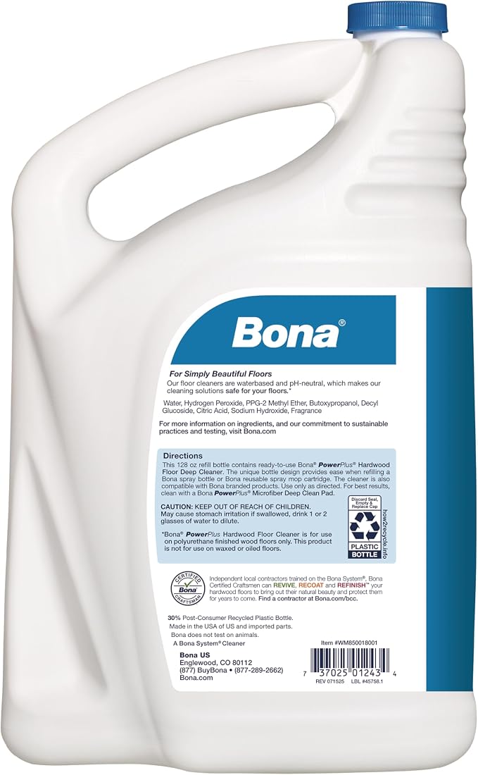 Bona PowerPlus Hardwood Floor Deep Cleaner Refill - 128 fl oz - Refill for Bona Spray Mops and Spray Bottles - Residue-Free Floor Cleaning Solution for Wood Floors | Refill for Bona Spray Mops and Spray Bottles - Residue-Free Floor Cleaning Solution fo...