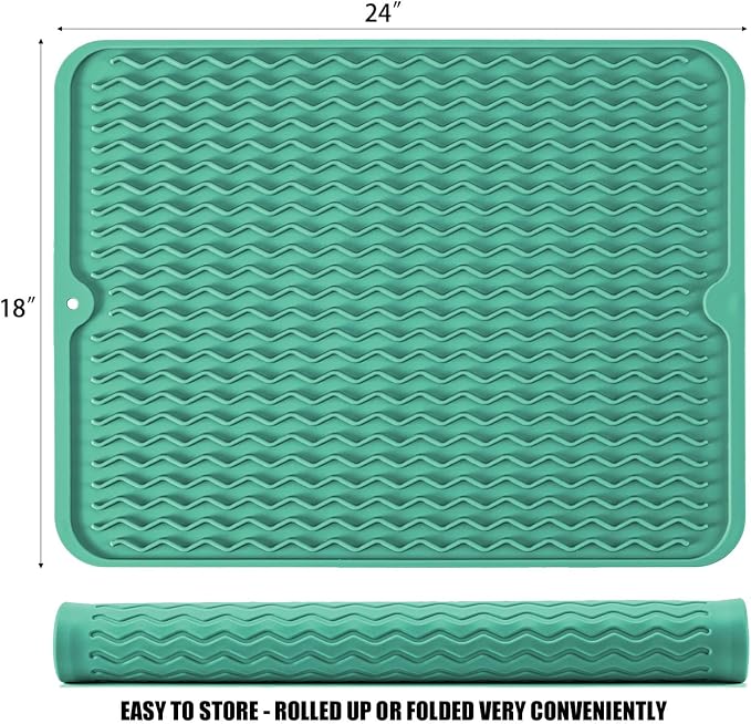 Large 24" x 18" Silicone Dish Drying Mat for Kitchen Counter, Easy clean, Quick Dry, Heat-resistant Dish Drainer Mat for Sink,Refrigerator or Drawer liner (Food Grade Silicone-Green)