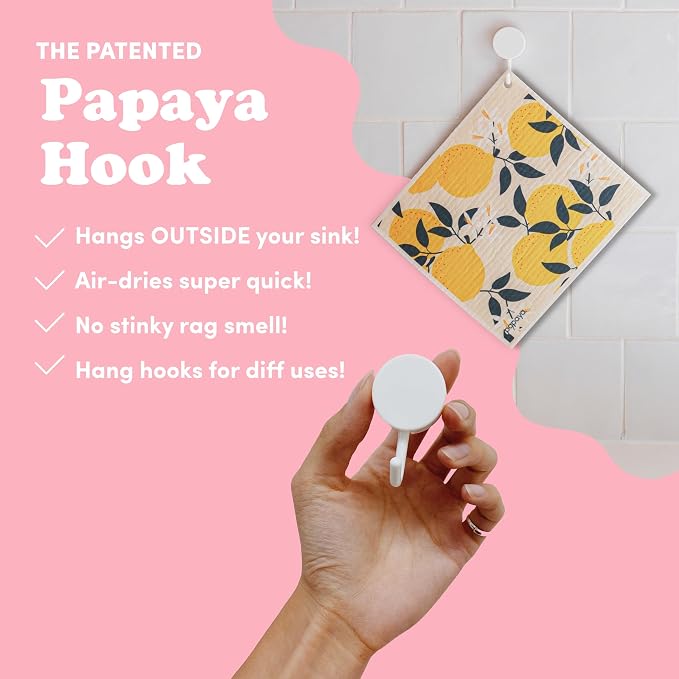 Papaya Swedish Dishcloths for Kitchen, 2 Reusable Paper Towels, 1 Hook