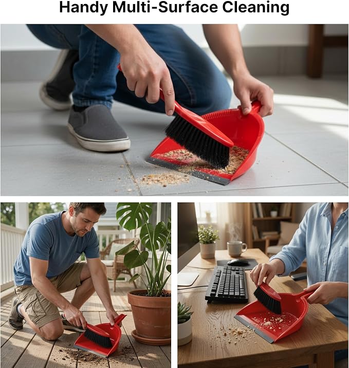 Condor Home Dustpan and Brush Set, Red Plastic Cleaning Tool With Long Handle, Heavy Duty Dust Pan With Soft Bristle Broom, 2-Pack