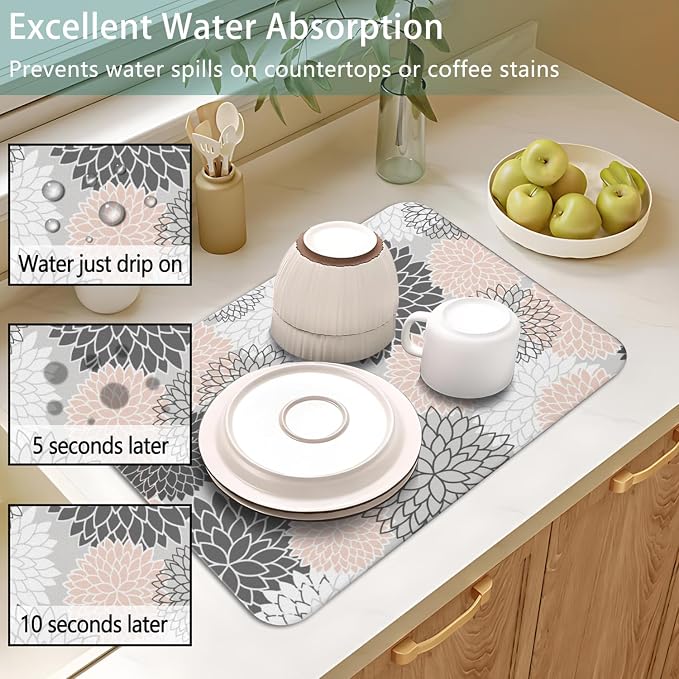 Dish Drying Mat 2-Pack Grey Pink Dahlia for Kitchen Counter Dishes Mat | Diatom Mud Mats (18x24, 19.5x12"). Non-slip rubber back for kitchen counter, coffee bar & sink scenes