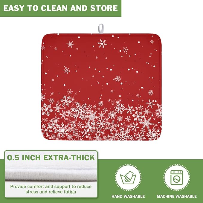 Christmas Dish Drying Mat for Kitchen Counter 16 x 18 Inch Xmas Snowflake Dish Drainer Mat Absorbent Microfiber Red Dish Rack Pad for Holiday Winter Coffee Dining Bar Decor