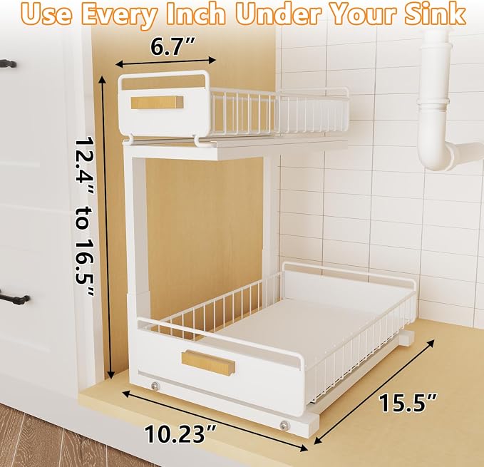 Under Sink Organizer 1 Pack Pull Out Cabinet Organizer with Ball Bearing Sliding Drawer 2 Tier Adjustable Storage Rack Heavy Duty for Kitchen Bathroom White