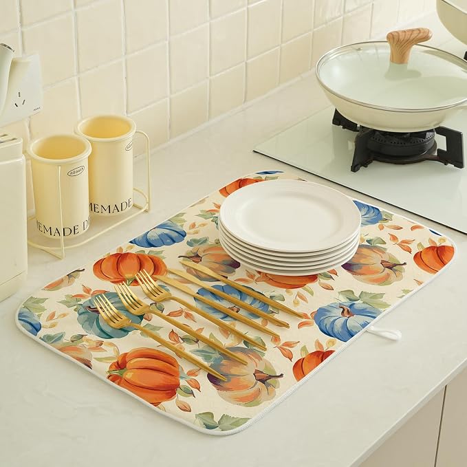 Fall Dish Drying Mat 18x24 Inch Burnt Orange Blue Green Pumpkin Leaves Drying Mat Autumn Harvest Thanksgiving Holiday Absorbent Dish Drying Pad Dish Rack Drainer Mats for Kitchen Dining Counter