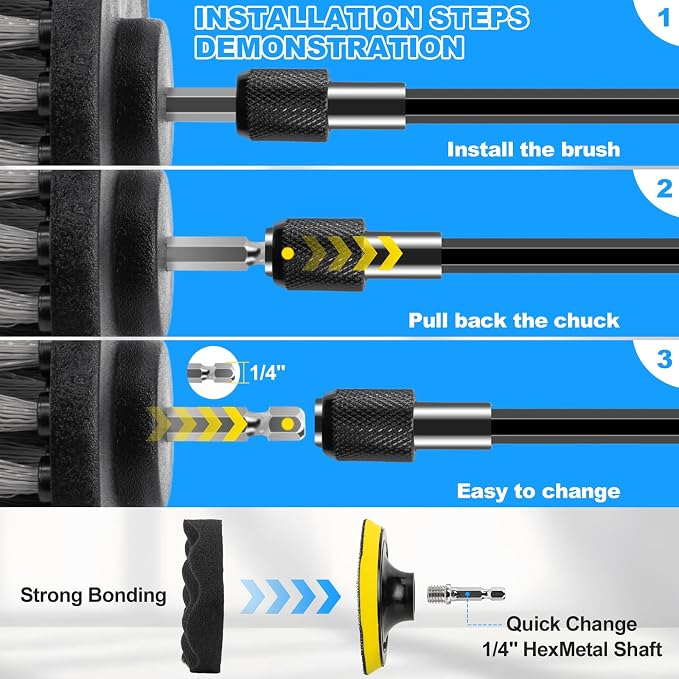 THINKWORK Car Detailing Kit with Multi-Size Drill Brushs & Extension Pole | 4 Drill Brushes, Deep Cleaning for Tires & Wheel Rims, Car Care & Cleaning Gray, Car Detailing Supplies, Gift, 27Pcs
