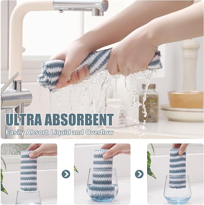 Homaxy 18 Pack Kitchen Dish Cloths, Ultra Soft and Absorbent Dish Towels, Reusable Fast Drying Microfiber Cleaning Cloth, Coral Velvet Wave Design No-lint, 10 x 10 inches, Dusty Blue