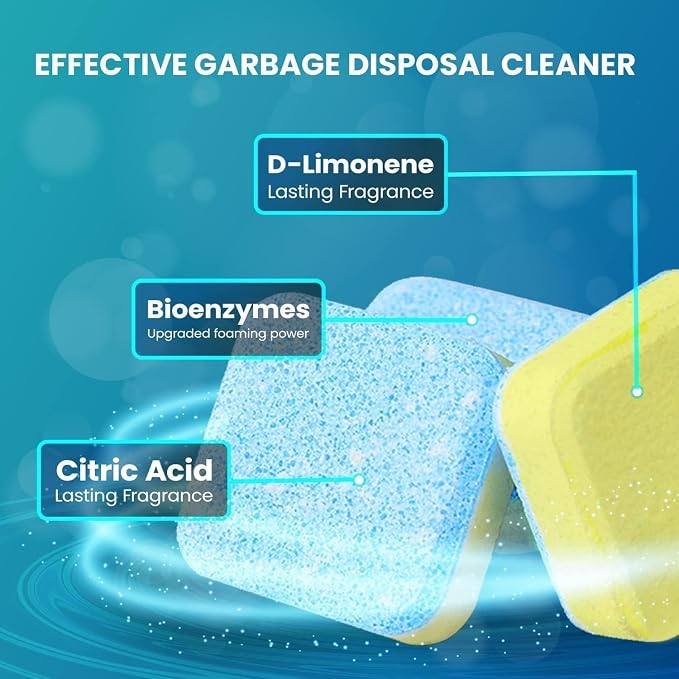 Garbage Disposal Cleaner and Deodorizer 24 Tablets: Maravello Sink Foaming Garbage Disposer Freshener - Kitchen Drain Cleaning Pods with Lemon Fresh Formula - 1 Year Supply