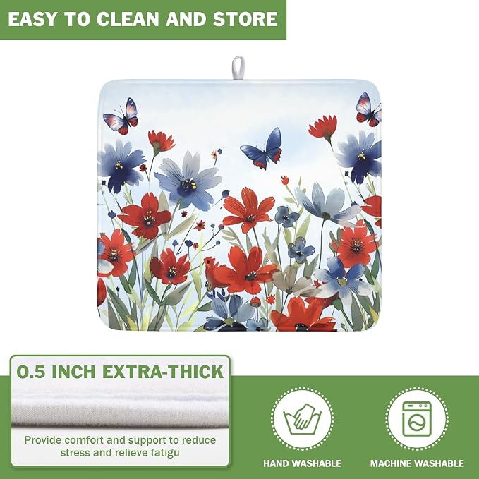4th of July Dish Drying Mat for Kitchen Counter 16 x 18 Inch Patriotic Floral Dish Drainer Mat Absorbent Microfiber Independece Day Dish Rack Pad for Coffee Dining Bar Decor