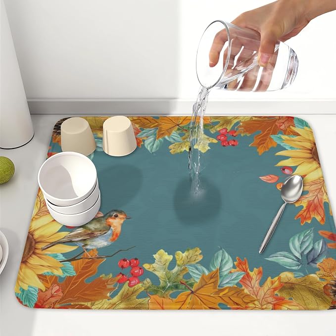 Fall Sunflower Dish Drying Mat for Kitchen Counter 16 x 18 Inch Autumn Orange Leaf Dish Drainer Mat Absorbent Microfiber Thanksgiving Harvest Dish Rack Pad for Coffee Dining Bar Decor