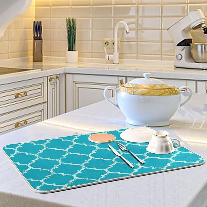 Super Absorbent Dish Drying Mat, Microfiber Fast-Drying Dish Mat, 24" x 18", Kitchen Dish Drying Pad, Beautiful Grunge White Morrocan Trellis