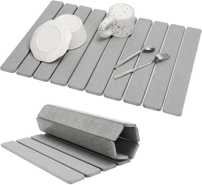 Large Stone Dish Drying Mat for Kitchen Counter, Eco-friendly, Instant Drying Pad,Diatomaceous Earth Water Absorbing Mat, Foldable and Super Absorbent Dish Drying Stone Mat, 24"×16", Light Gray