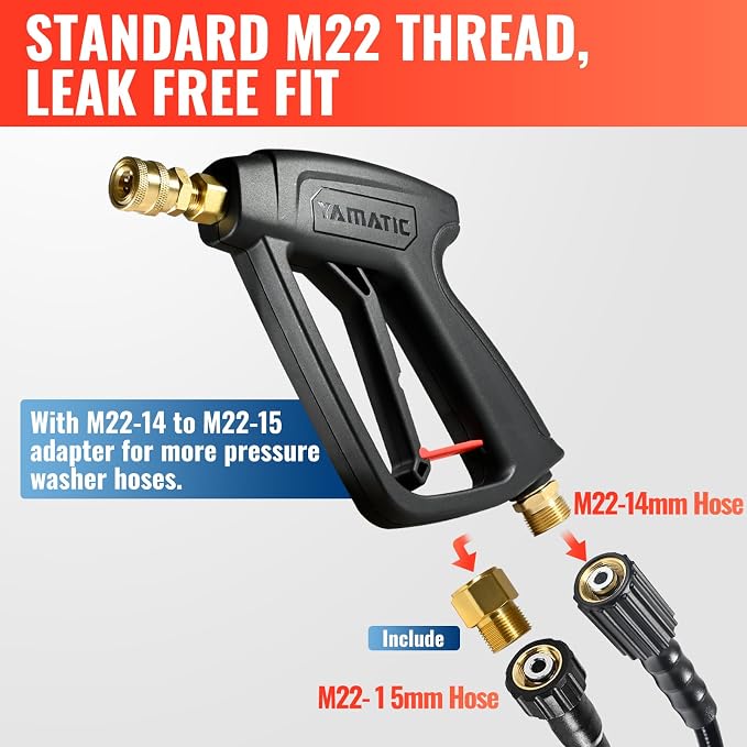 YAMATIC Pressure Washer Gun and Hose Kit, 25 FT Kink Resistant Power Washer Hose and Wand with Nozzle Holder, M22-14mm & M22-15mm Fitting Replacement for Ryobi, Simpson, Craftsman, 4000 PSI