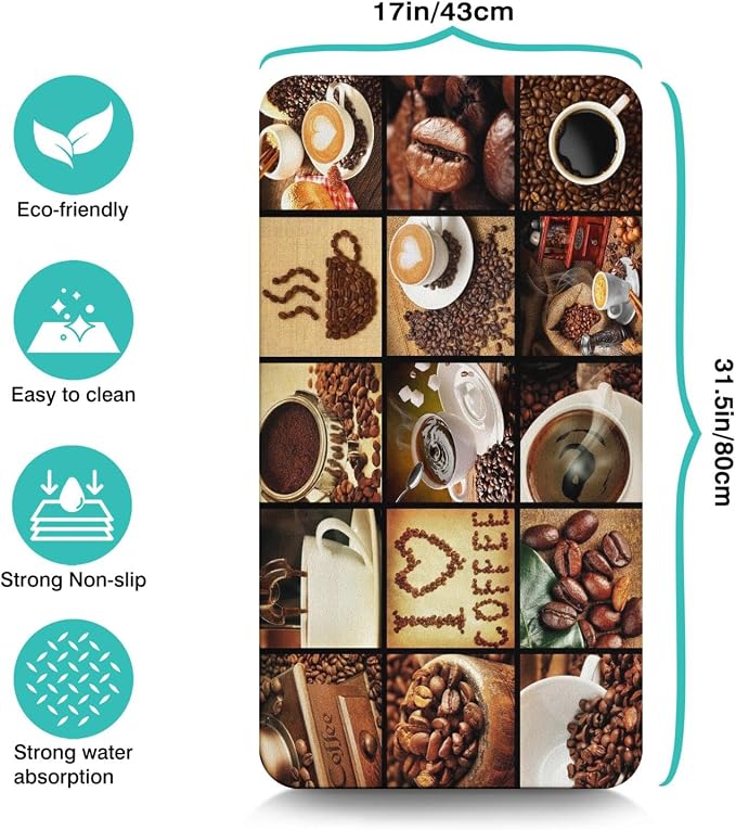 Coffee Mat 17inx31.5in, Coffee Bar Mat for Countertops, Absorbent, Hide Stain, Anti-Slip, Dish Drying Mat