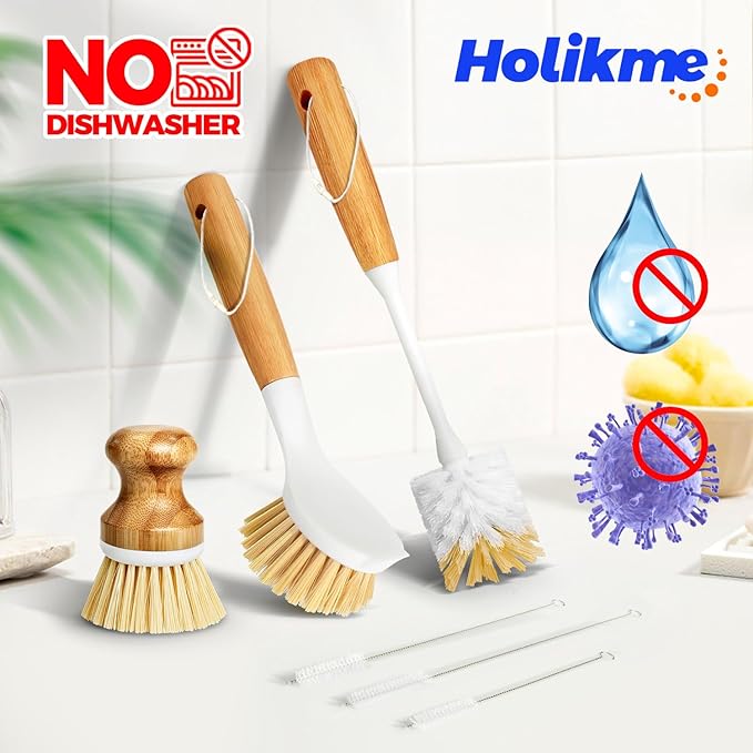 Holikme 6 Pack Dish Brush Scouring Pad Set with Bottle Brush, Dish Brush, Palm Scrub Brush and Straw Brush, Dish Scrubber Long Handle for Dish Bottle Cup Pot Pan Iron Abrasive Cup Brushes, Yellow