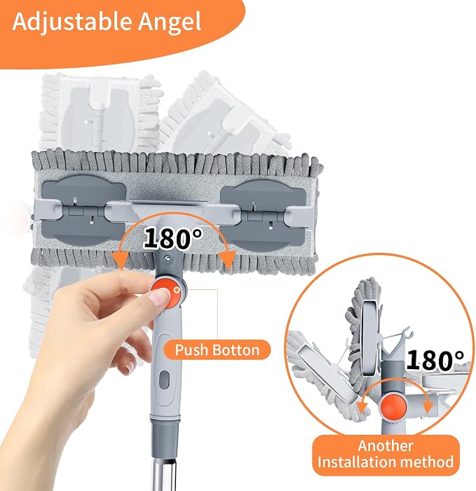 6.4FT Extendable 2-in-1 Window Washing Kit with Long Handle, 180° Rotatable Head & No-Drill Storage Holder, Streak-Free Window Squeegee for High Windows, Glass, Shower, and Car Windshield Cleaning