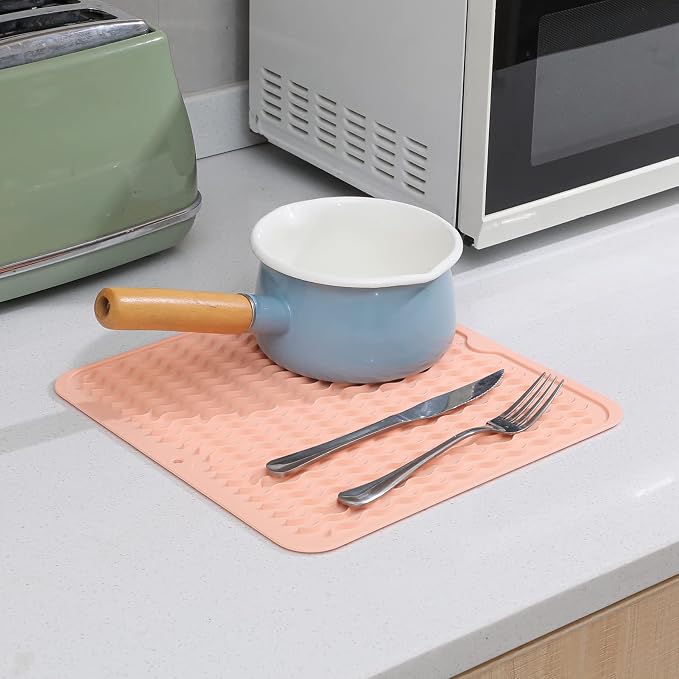 MicoYang Silicone Dish Drying Mat for Multiple Usage,Easy clean,Eco-friendly,Heat-resistant Silicone Mat for Kitchen Counter or Sink,Refrigerator or Drawer liner Pink M 12 inches x 12 inches