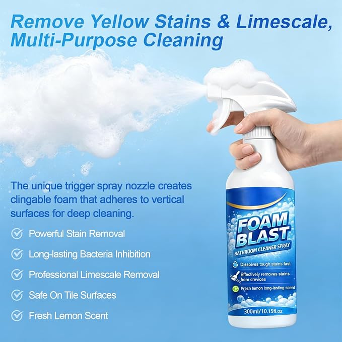 Bathroom Foam Cleaner Spray 10.15oz, Removes Soap Scum | Hard Water Stains & Dirt, Lemon Scent, Shower Cleaner for Shower Tile Toilets Tub & Sink Included Crevice Brush
