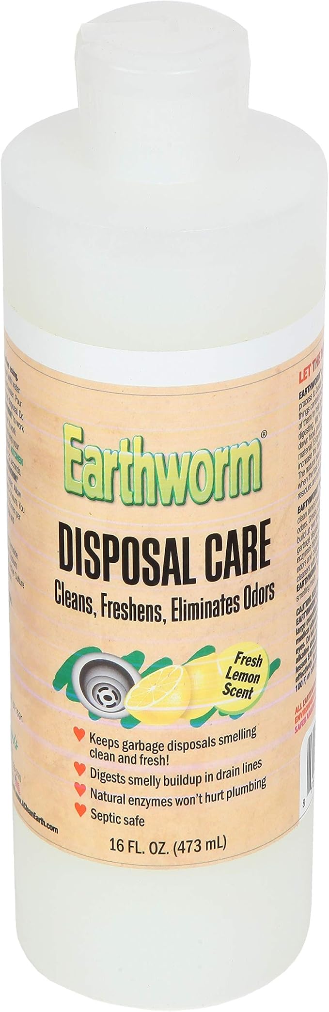 Earthworm Garbage Disposal Cleaner and Odor Eliminator/Disposal Care Removes Buildup, Cleans, and Freshens your Kitchen Sink - 16 Oz, Fresh Lemon Scent, Septic Safe