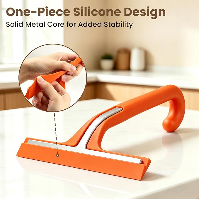 10 Inch Silicone Shower Squeegee for Glass Doors, Streak-Free, Orange | No-Squeak Silicone Blade, Ergonomic Round Grip and Built-In Hook for Quick Daily Cleaning of Shower Glass, Tile and Windows