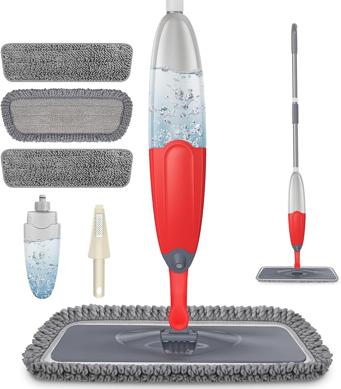 HOMTOYOU Dust Mop for Hardwood Floors: Microfiber Spray Mop for Cleaning | 3 Pcs Washable Reusable Pads, 1Pcs 400+ML Refillable Bottle, 360-Degree Swivel Mop, Red & Gray