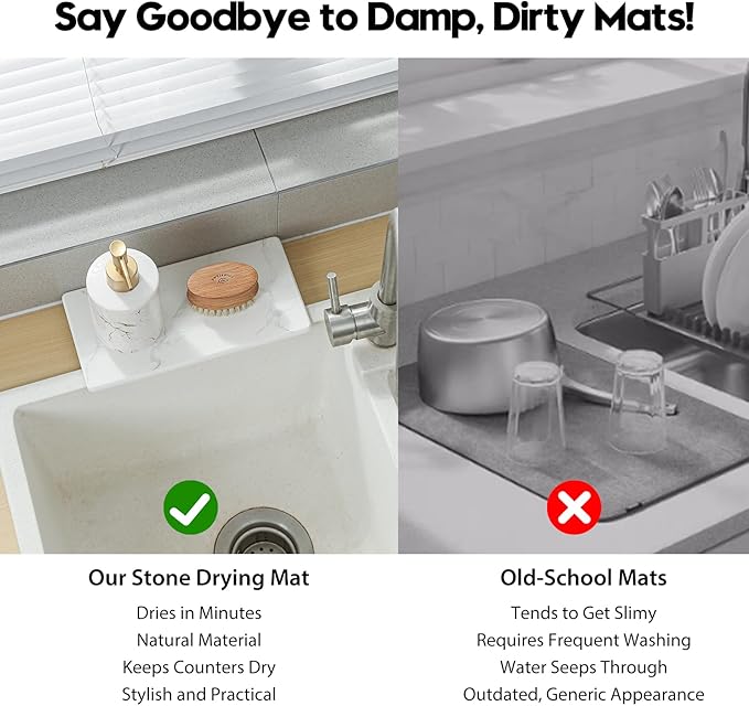 2PCS 10"x 5" Large Bathroom Sink Vanity Trays, Water Absorbing Diatomite Stone Quick Drying Mat for Kitchen Counter, Dish Rack Dispensers Sponge Holder Caddy Organizer, Marble White, 10"x 5"