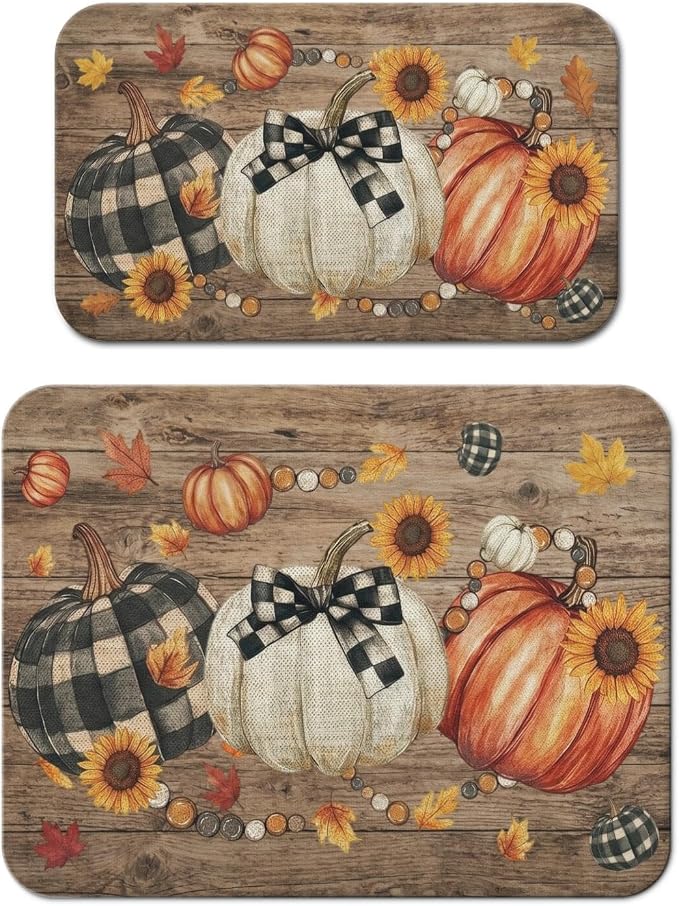 Fall Dish Drying Mat 2-Pack Plaid Pumpkin for Kitchen Counter Dishes Mat | Diatom Mud Mats (18x24, 19.5x12"). Non-slip rubber back for kitchen counter, coffee bar & sink scenes