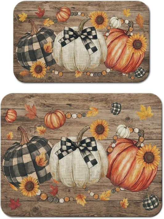Fall Dish Drying Mat 2-Pack Plaid Pumpkin for Kitchen Counter Dishes Mat | Diatom Mud Mats (18x24, 19.5x12"). Non-slip rubber back for kitchen counter, coffee bar & sink scenes
