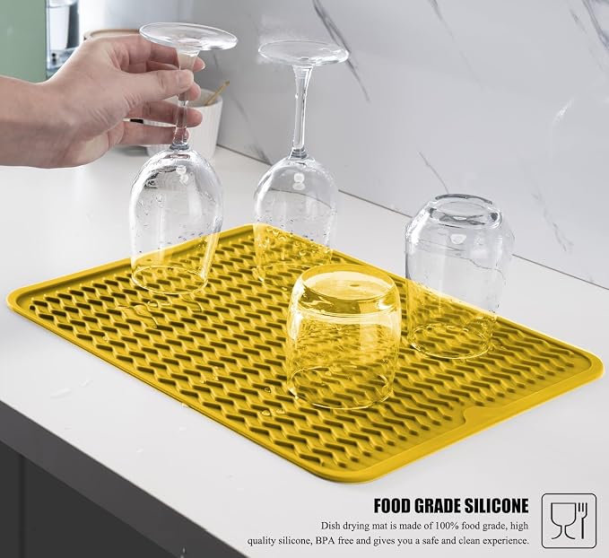 Silicone Dish Drying Mat for Multiple Usage, Easy clean, Eco-friendly, Heat-resistant Dish Drainer Mat for Kitchen Counter,Sink,Refrigerator or Drawer liner (16" x 12", Yellow)