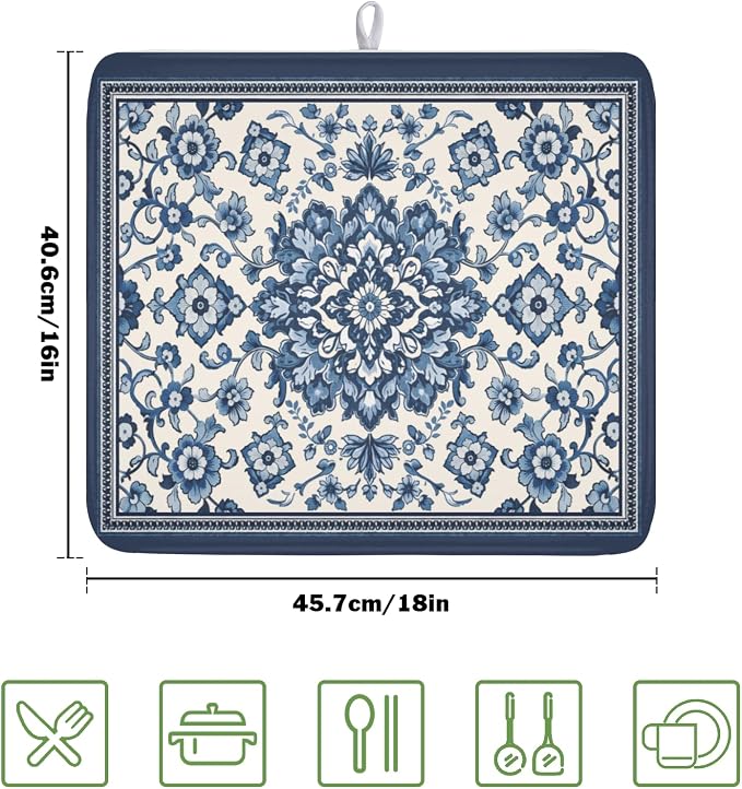 Blue Floral Dish Drying Mat for Kitchen Counter Vintage Flower Pattern Microfiber Dish Drainer Mat Rustic Farmhouse Absorbent Washable Drying Pad Extra Large 16"x18"